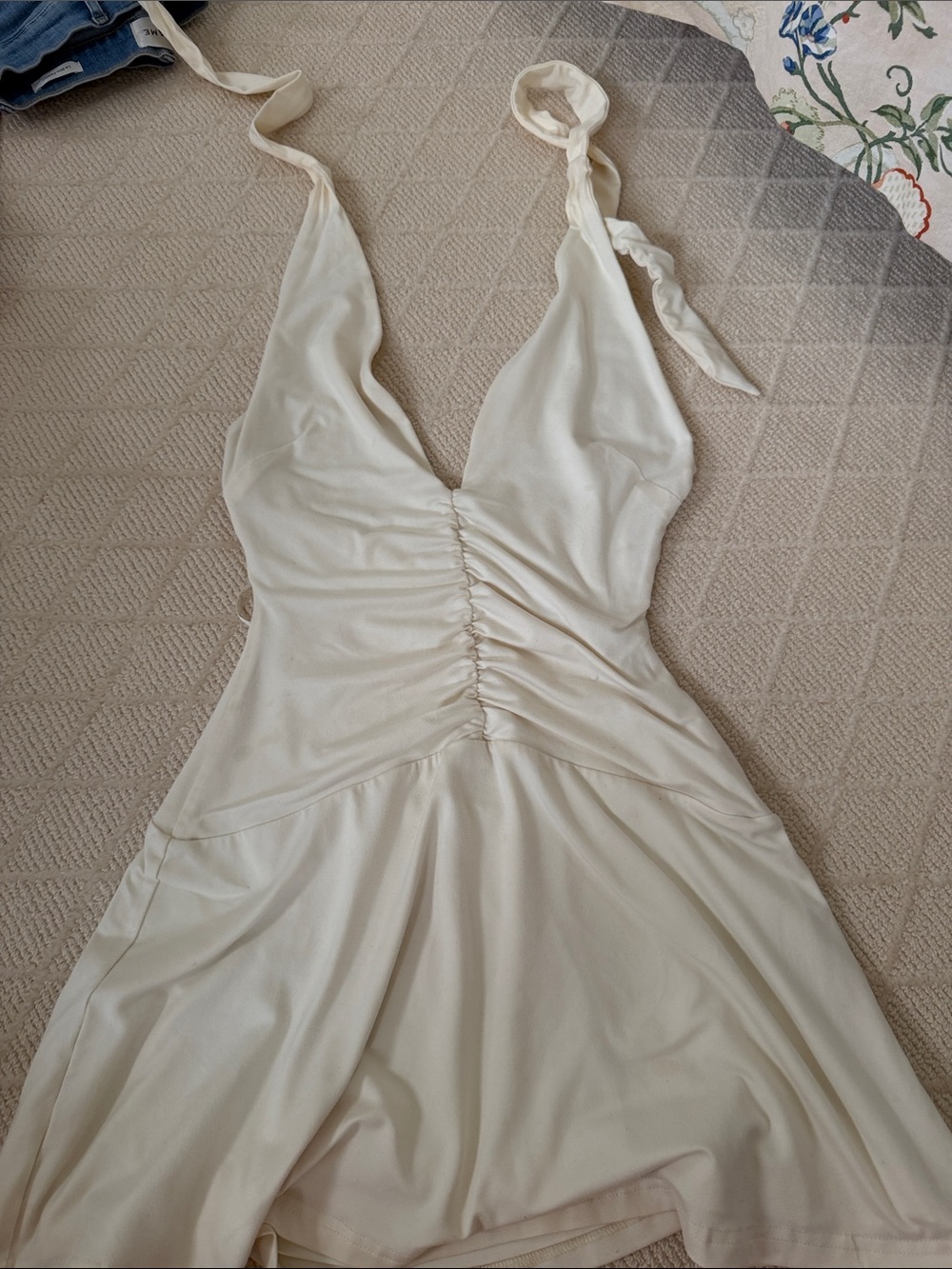 Cream Ruched Halter Mini Dress with Tie Straps